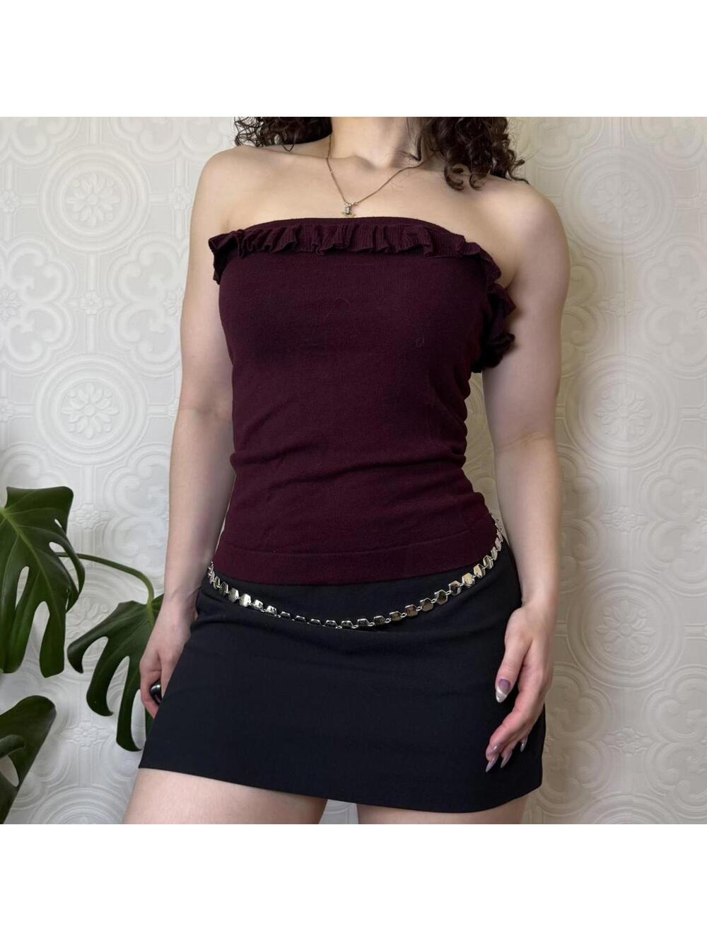 INC Burgundy Knit Ruffle Tube Top Womens Large Y2K